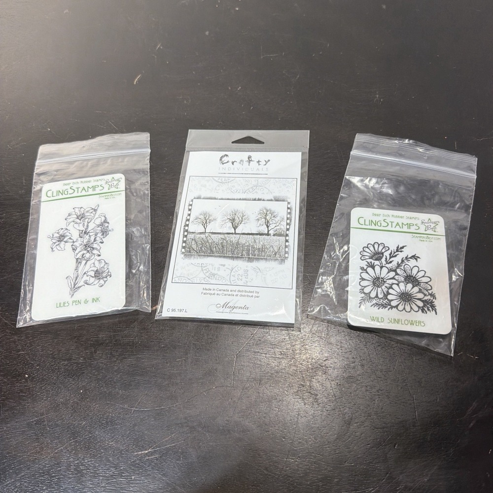 3 New DEEP ETCH RUBBER STAMPS CLING Crafty Individuals/Stampers Best Flower Tree